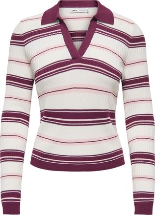 Only Polokragenpullover ONLY ONLKAYA LIFE LS STRIPE POLO NOOS KNT, Damen, Gr. XL, grape wine stripes:cloud dancer, pale lila, Strick, Obermaterial: 70% Vis