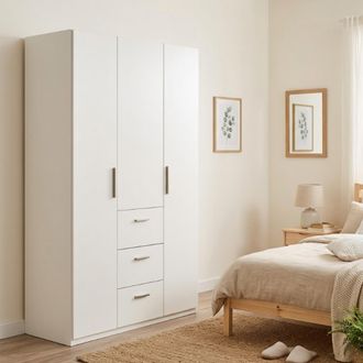 Dmora Guardarropa Providence, Armario De Dormitorio Con 3 Puertas Batientes, Mueble Con Barra Perchero Y 3 Baldas, Cm 117x52h203, Blanco, Con Embalaje Refor