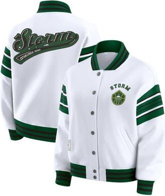 WEAR by Erin Andrews Womens WEAR by Erin Andrews White/Green Seattle Storm Full-Snap Fleece Sweatshirt Jacket at Nordstrom, Size Medium