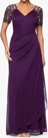 Xscape Lana Sheer Matte Jersey Beaded Flutter Sleeve Dress In Plum