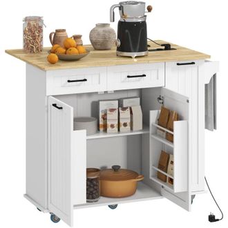HOMCOM Isla De Cocina Con Ruedas Toma De Corriente Usb Tablero Plegable 2 Cajones Estante Ajustable Especiero Y Toallero 119,5x74x94,5 Cm Blanco - Homcom