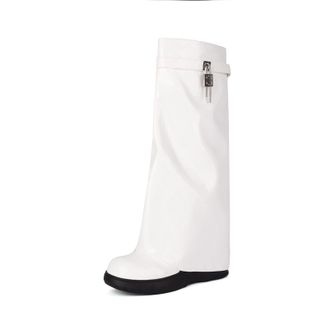 Generic Womens Round Toe Knee High Boots Patent PU Leather With Adjustable Buckle Strap Chunky Platform Slip-On Design Smooth Upper Supportive Fit,White,7.5 U