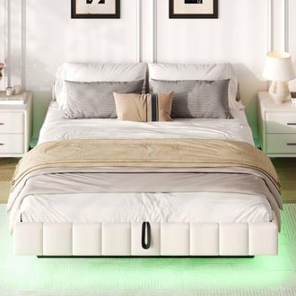 Merax 4ft6 Double Floating Upholstered Bed Frame with Hydraulic Storage in Beige
