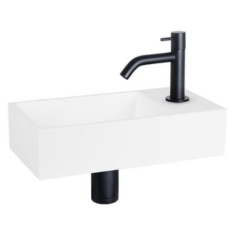 Differnz Solid fonteinset - 36x18.5x9cm - Rechthoek - 1 kraangat - Gebogen zwart matte kraan - Solid surface Wit
