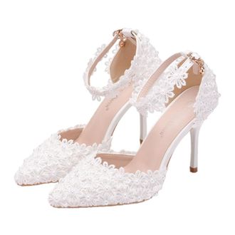 SOLUSTRE White Lace Wedding Shoes for Bride Pointed Toe High Heel Pumps with Ankle Strap, Elegant Bridal Footwear for Wedding and Party, Size 39