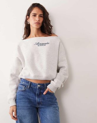 Abercrombie & Fitch felpa con logo frontale e spalle scoperte grigia-Grigio
