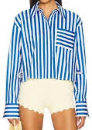Simon Miller Ayre Cropped Poplin Top In Blue Stripe