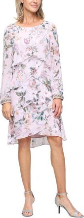 S.L. Fashions Floral Long Sleeve Tiered Cocktail Dress in Blush Multi at Nordstrom, Size 10