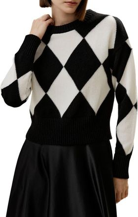 LilySilk Round Neck Diamond Pattern Cashmere Sweater in Black at Nordstrom, Size Small