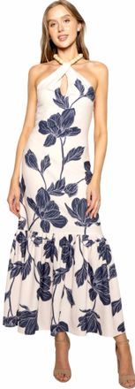 FORE COLLECTION Bella Floral Bead Halter Maxi Dress In Beige/navy