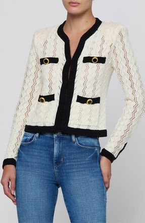 L'agence Zephyra Pointelle Open Front Cardigan in Ivory/black at Nordstrom, Size Xx-Small