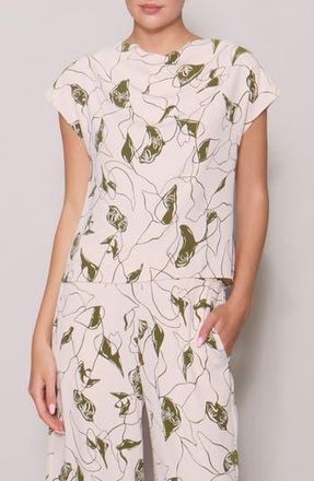 Melloday Luxe Crepe Short Sleeve Top in Bone Olive Abstract at Nordstrom Rack, Size X-Small