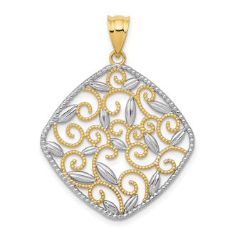 Diamond2Deal 14k Yellow Gold Rhodium Diamond-Cut Filigree Swirl Pendant