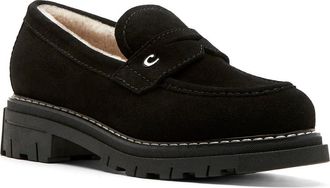 La Canadienne Donny City Dry Waterproof Genuine Shearling Penny Loafer in Black Suede at Nordstrom, Size 7