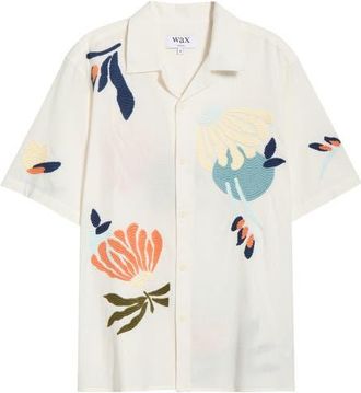 Wax London Didcot Embroidered Cotton & Linen Camp Shirt in Ecru /Multi at Nordstrom, Size Xx-Large
