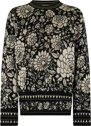 Roberto Cavalli Bloemen wollen trui - Heren - Ronde hals truien - Zwart - M - Wol - Truien & Vesten