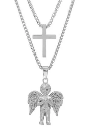 Steeltime Mens Stainless Steel Layered Cross & Cherub Pendant Necklace in Silver at Nordstrom Rack