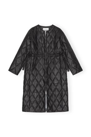 Ganni Black Shiny Quilt Long Coat - Size 4XL Recycled Nylon