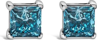 House of Brilliance 14K White Gold 1.0 Cttw Princess Cut Lab Grown Blue Diamond Solitaire Stud Earrings