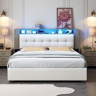 OEM Cama 140x200 - Moderna - Almacenamiento Inteligente - Cabecera Led - Estructura De Madera Clara