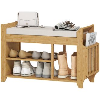 HOMCOM Homcom Banco Zapatero, Banco Recibidor Con Asiento Acolchado, Almacenamiento Lateral, Estante Para Botas, Marco De Bamb&uacute;, 80x30x50 Cm, Natural Y Beige