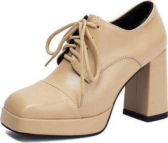 Generic Womens Chunky High Heel Platform Pumps Square Toe PU Leather Retro Dress Shoes Lace Up Heeled Brogues,Yellow,2.5 UK