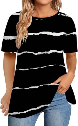 Generic Womens Tops 2025 Comfortable Knitwear for Women Womens Fashion T Shirt Casual Round Neck Short Sleeve Printed Top Women Tops (Black, XL)