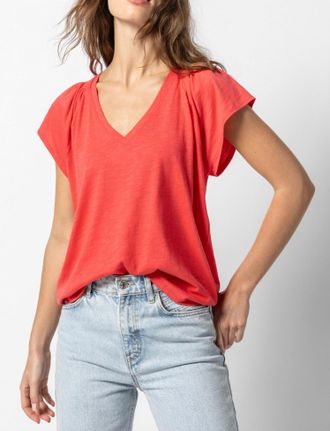 Lilla P Shirred Shoulder V-Neck Tee In Flamingo