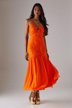 Warehouse Womens Chiffon Gathered Channel Strappy Midi Dress - Orange - Size 16 UK