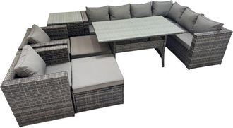 Fimous Fimous Rattan Garden Furniture Set Outdoor 10 Seater Patio Dining Corner Sofa Sets with Dining Table 2 Chairs 2 Big Stools Side Table Dark Grey Mixed