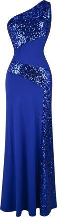 Angel Fashions Womens One Shoulder Sleeveless Splicing Sequins Full Length Party Dress Blue Size 8
