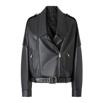 Pinko Light Jackets, female, Black, Size: XS Black Leather Biker Jacket with Metal Zips