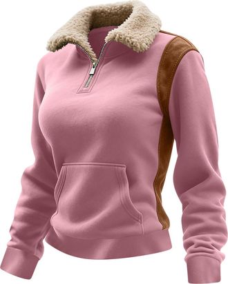Generic Womens Half Zip Sweatshirt Warm Sherpa Fleece Lined Jumpers Fall Winter Casual Long Sleeve Pullover Thermal Tops Oversized Fuzzy Sweatshirt Loungewear