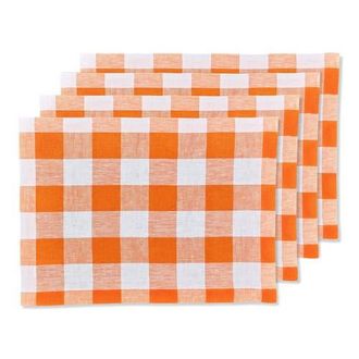 Solino Home Linen Placemats Set of 4, 14 x 19 Inch for Dining Table, Holiday and Everyday Table Decor - Buffalo Check in Pumpkin And White at