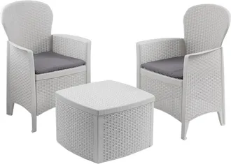 OEM Ipae Progarden - Tavolo E 2 Poltrone Tavolino Sedia Con Cuscino In Resina Bianca Salotto Per Pub Bar Piscina Terrazzo Giardino