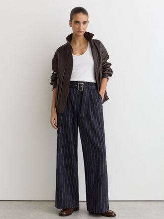 Reiss Navy Pinstripe Belted Wide-leg Trousers, 18R