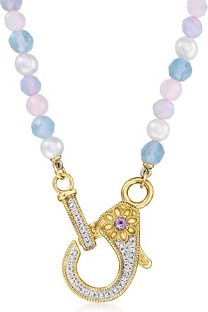 Ross-Simons Pastel Multi-Gemstone Bead, 4-4.5mm Cultured Pearl and. Diamond Lobster Clasp Necklace in 18kt Gold Over Sterling