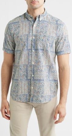 Johnston & Murphy Hampton Stretch Cotton Short Sleeve Button-Up Shirt in White Multi Bandana at Nordstrom, Size Xxx-Large