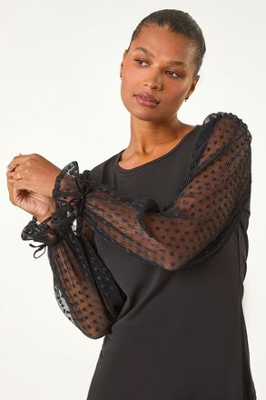 Roman Flock Spot Sleeve Stretch Tunic Top