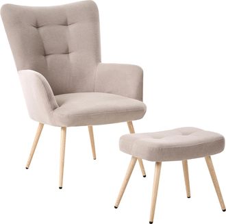 Beliani Sill&oacute;n Orejero Tapizado En Tela Beige Abotonado Con Reposapi&eacute;s Estilo Retro Vejle