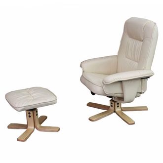 Hhg Sill&oacute;n Relax M56, Sill&oacute;n Tv Sill&oacute;n Tv Con Taburete Otomana, Polipiel Madera De Eucalipto Certificado Mvg, Crema