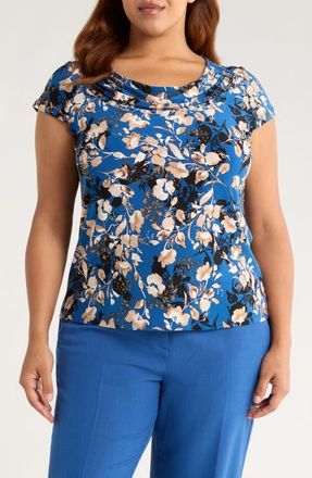 Kasper Floral Cowl Neck Cap Sleeve Top in Blue Night Multi at Nordstrom, Size 2X