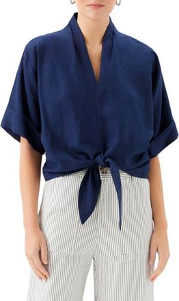 Fifteen Twenty Janice Cuffed Tie Hem Linen Blend Top in Navy at Nordstrom, Size X-Small