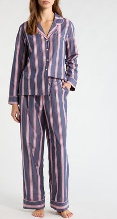 Nordstrom Classic Cotton Pajamas in Navy Lena Stripe at Nordstrom, Size X-Small