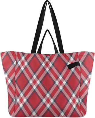 Generic Red White Plaid pattern Reusable Canvas Tote Bag, Heavy Duty Grocery Shopping Bag with Large Capacity Double Handles Hard Bottom Work Groceries Travel