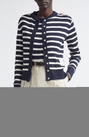 Thom Browne Stripe Scallop Edge Cotton Rib Cardigan in Navy/White at Nordstrom, Size 10 Us