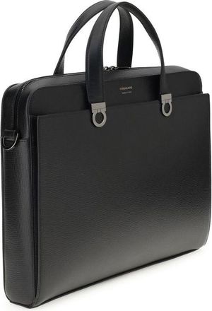 Ferragamo Mens Black Calf Leather Bos Taurus Briefcase Bag