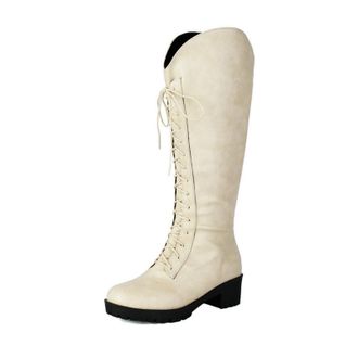 Generic Womens Lace Up Knight Boots Low Block Heel Knee High Boots Round Toe PU Leather Casual Long Boot,Beige,5.5 UK