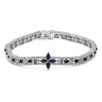 House of Brilliance Sterling Silver Dark Blue Sapphire and Topaz Marquise Floral Art Deco Link Bracelet