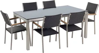 Beliani Set Da Giardino Tavolo Piano In Vetro Nero E 6 Sedie Rattan 180 X 90 Cm Grosseto